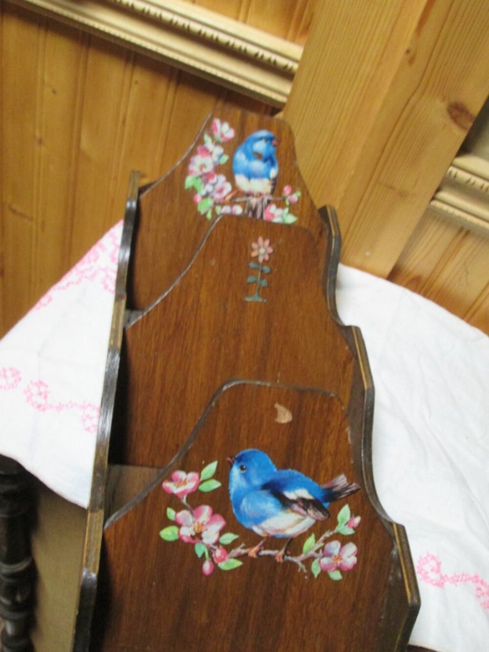 Cottage core3 slot mail holder key holder bottom vtg wood decoupage birds flowe